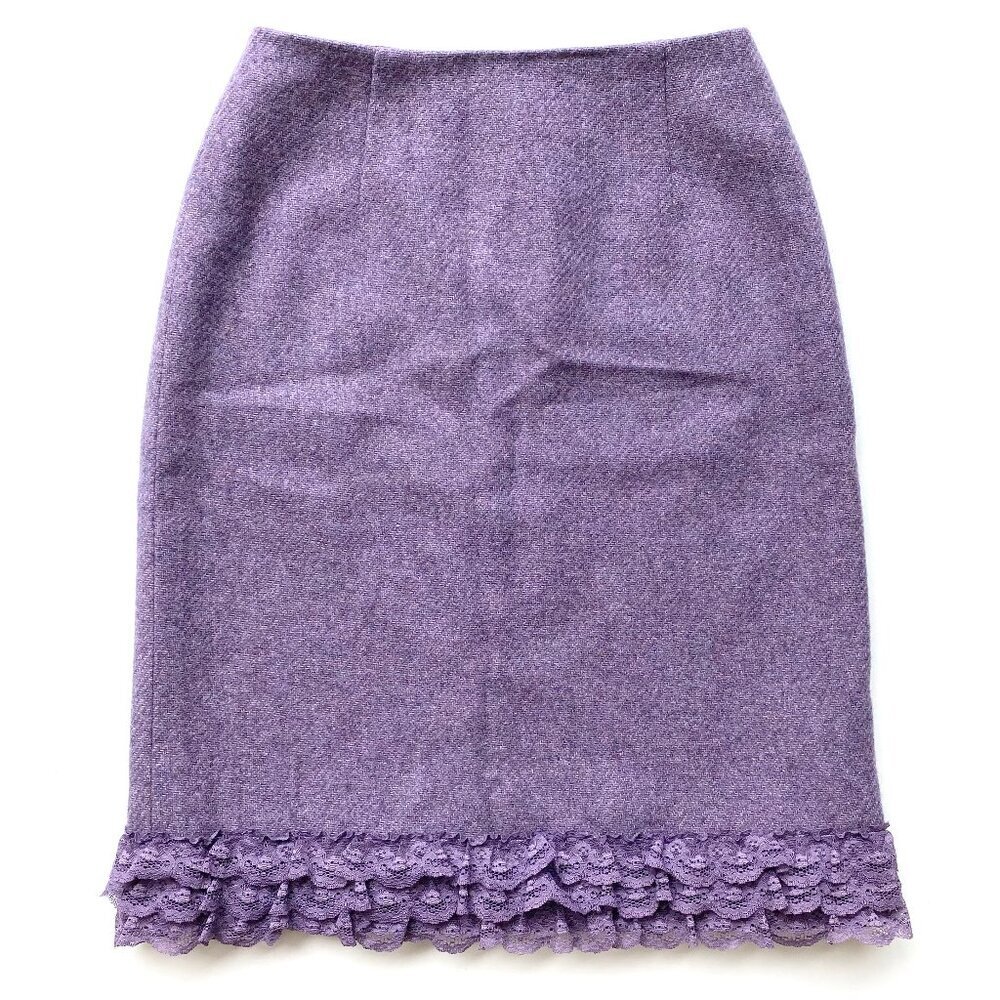 NWT Moiselle Purple Wool Tweed Pencil Skirt Lace Hem 2